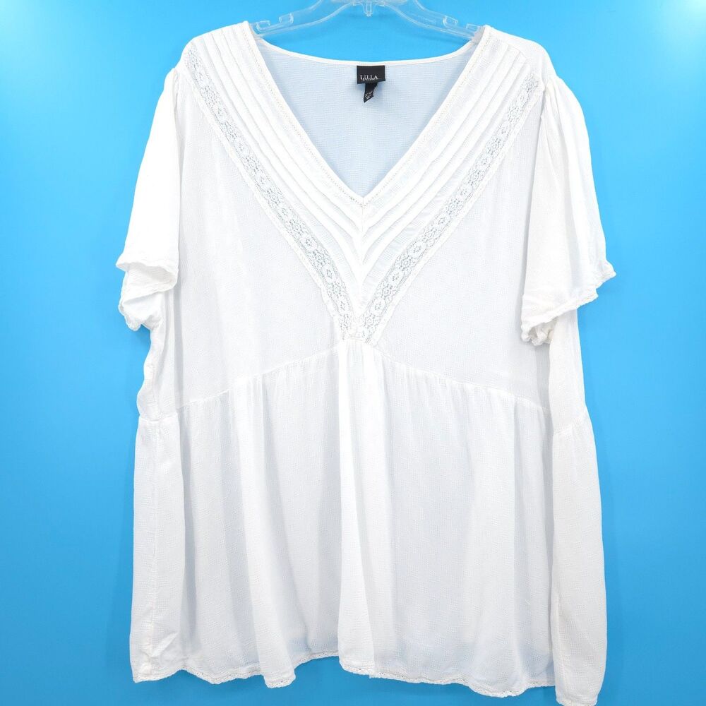 Ulla Popken lace embellished‎ popover top Size 24/26 white V-neck cottagecore